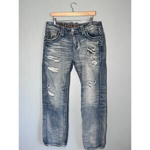 Rock Revival Fincher Straight Jeans Light Wash Men’s Distressed Thrashed W36 L31